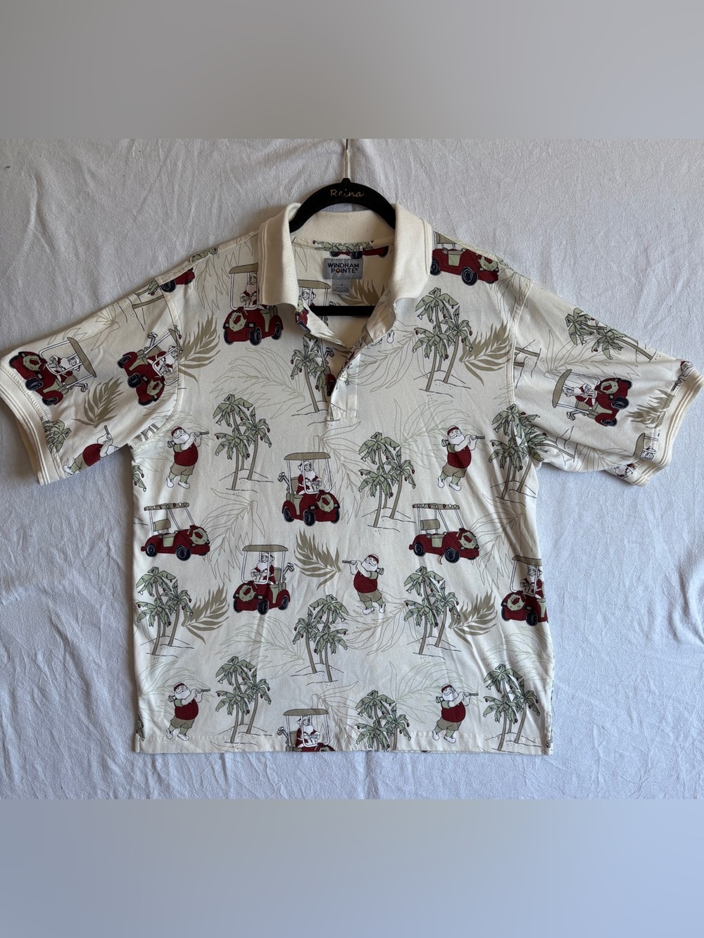 Windham Pointe Santa Clause Golf Palm Trees Mistletoe Hawaiian Polo Shirt Mens S
